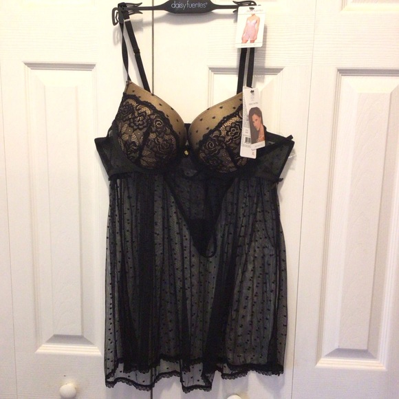 Daisy Fuentes 2pc Black Dot Mesh Babydoll Nightie & G-string Panty Set Size XL - Picture 9 of 11